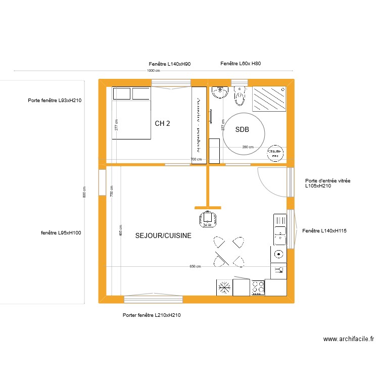 maison toit plat 50 m2 sans implantation poteaux/pieux. Plan de 2 pièces et 48 m2