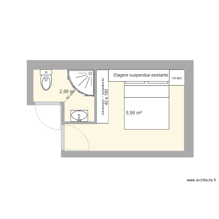 Salle de bains et Chambre Aménagement 1. Plan de 2 pièces et 12 m2