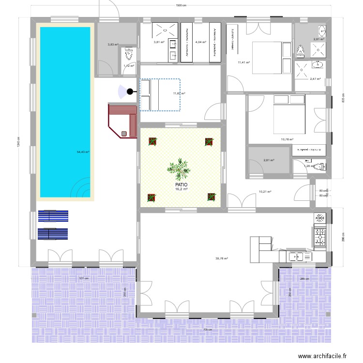 patio 5 4 5 sans toiture. Plan de 15 pièces et 177 m2