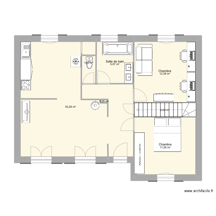 Maison2. Plan de 7 pièces et 69 m2