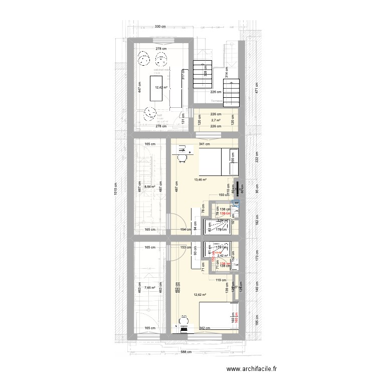 St Gilles Chee Woo 229 -1er etage avec chambre annexe. Plan de 6 pièces et 41 m2