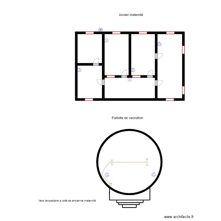 Circuit des prises ancienne maternité (Dispensaire) TINOU. Plan de 9 pièces et 36 m2
