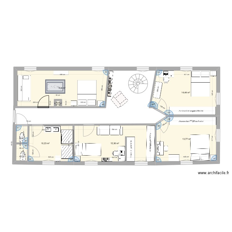 2eme étage duplex avec aménagements. Plan de 6 pièces et 71 m2