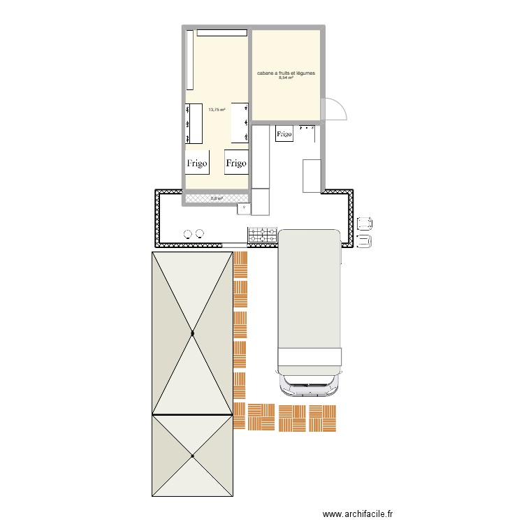 plan roulotte + espace clients. Plan de 3 pièces et 23 m2