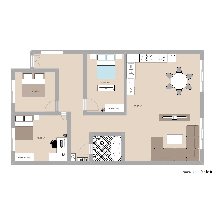 Roommate 2. Plan de 5 pièces et 105 m2