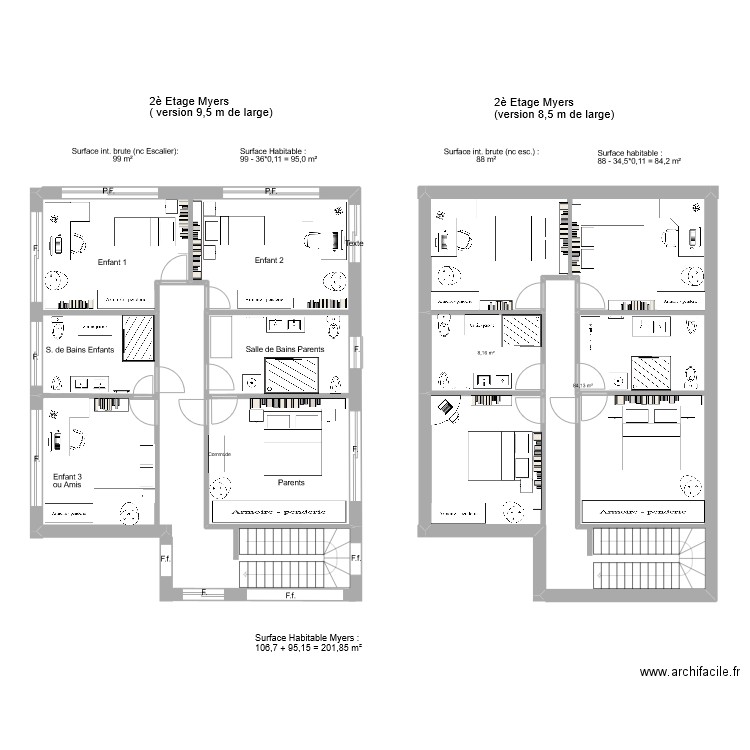 Maison 2 familles Myers-Simon  2è étage version 8,5m. Plan de 2 pièces et 92 m2