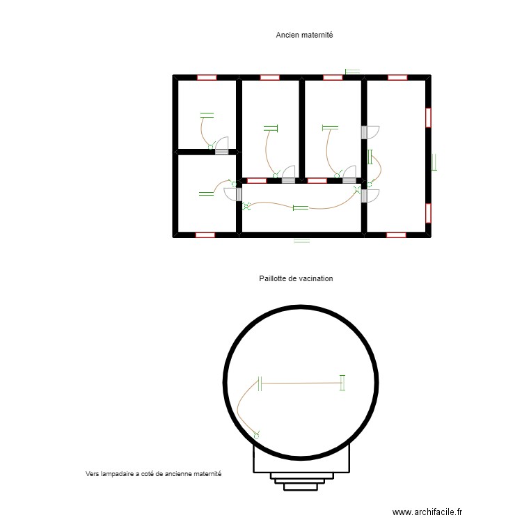 Circuit des lampes ancienne maternité (Dispensaire) TINOU. Plan de 9 pièces et 36 m2