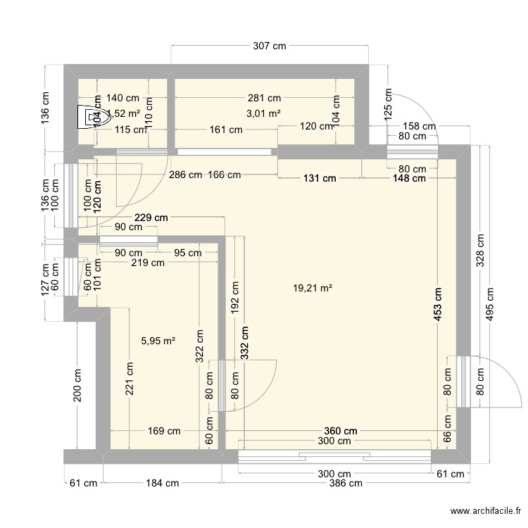 Extension sans abris-bois. Plan de 4 pièces et 30 m2