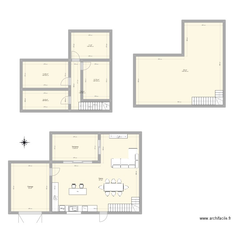 Maison en L avec étage. Plan de 9 pièces et 201 m2