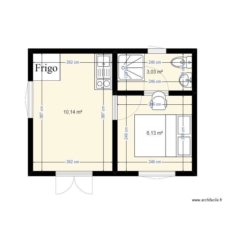 20M² chambre SDB. Plan de 3 pièces et 19 m2