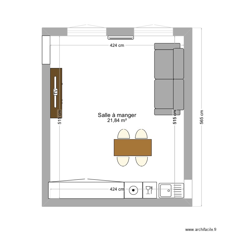 Salon - cuisine. Plan de 1 pièce et 22 m2