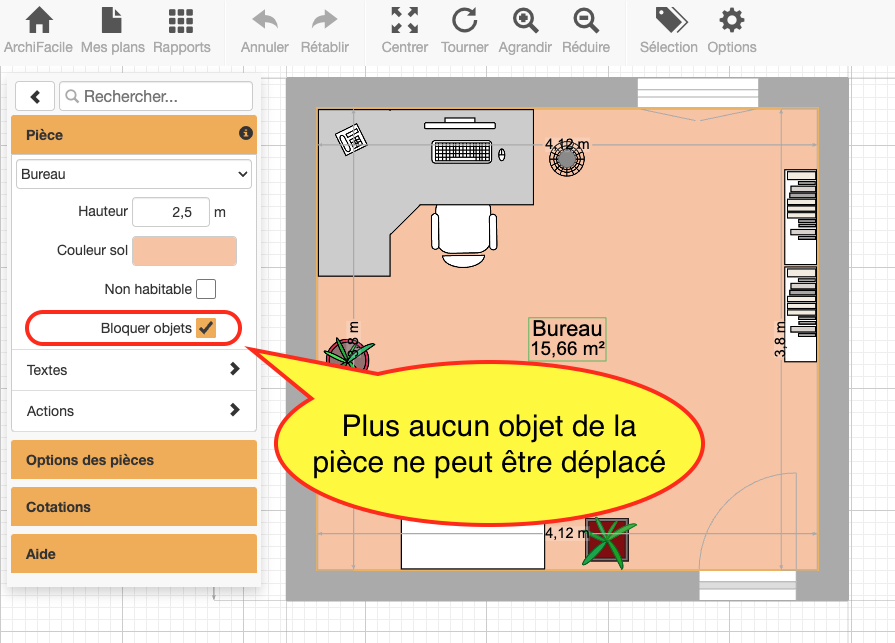 Bloquez le déplacement des murs, ouvertures, objets des pièces