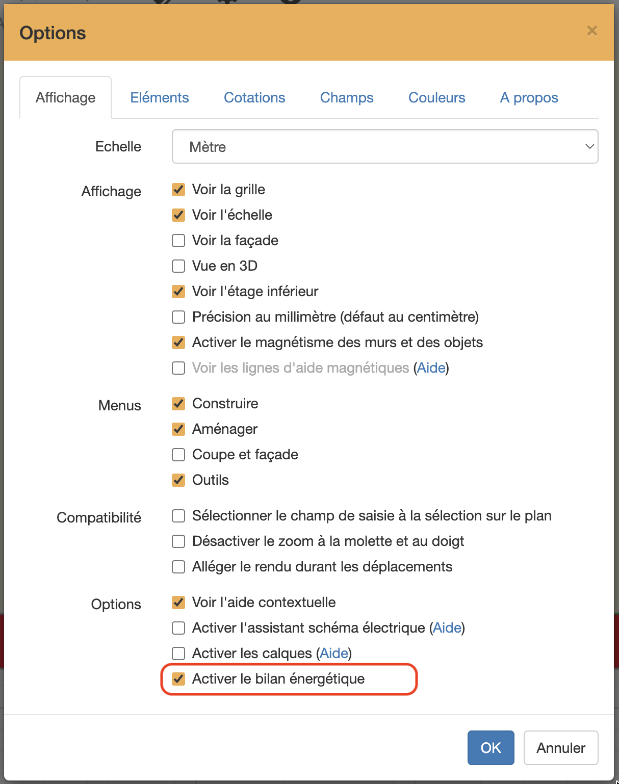 Activation de l'option énergie