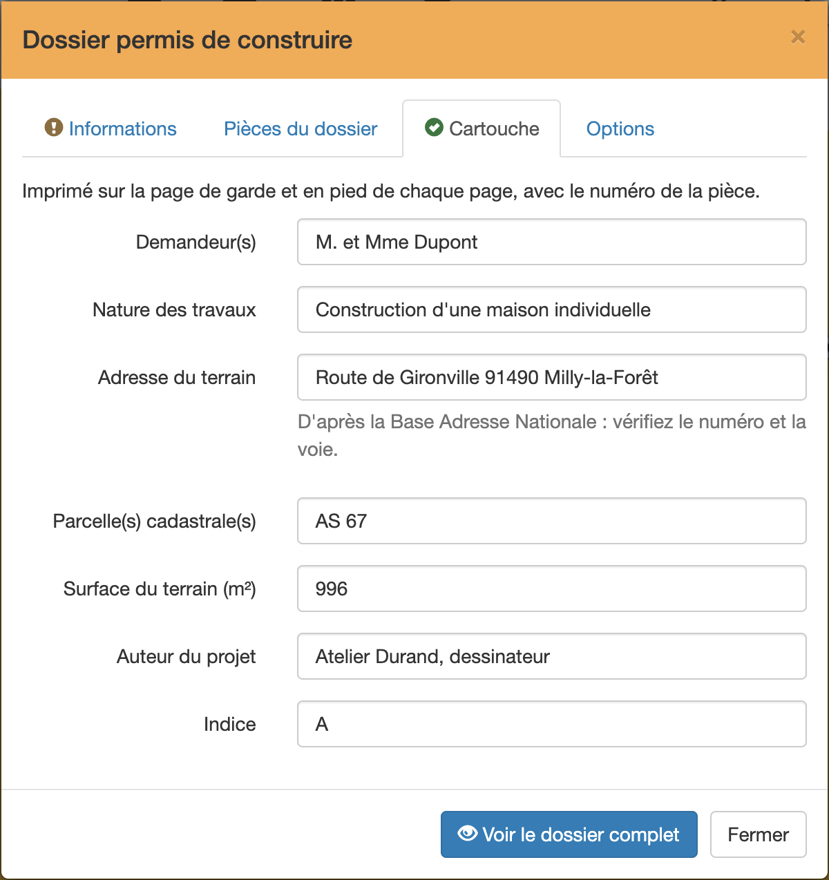 Onglet Cartouche du dossier de permis
