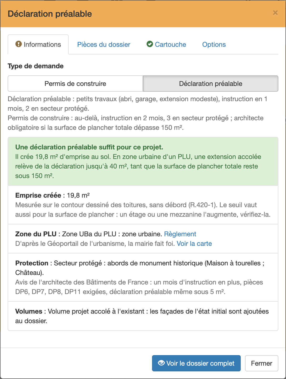 Onglet Informations de la déclaration préalable