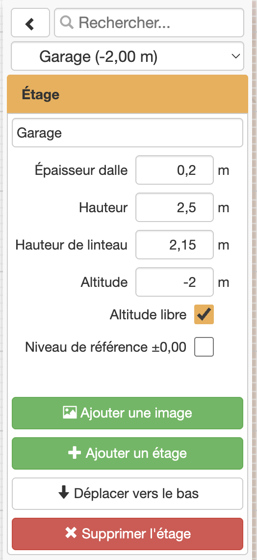 Panneau Étage de l'étage Garage : Altitude libre cochée, Altitude à -2,00 m
