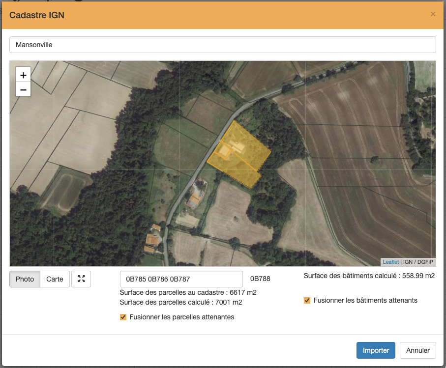 Importez le cadastre IGN : photo aérienne et recherche par adresse