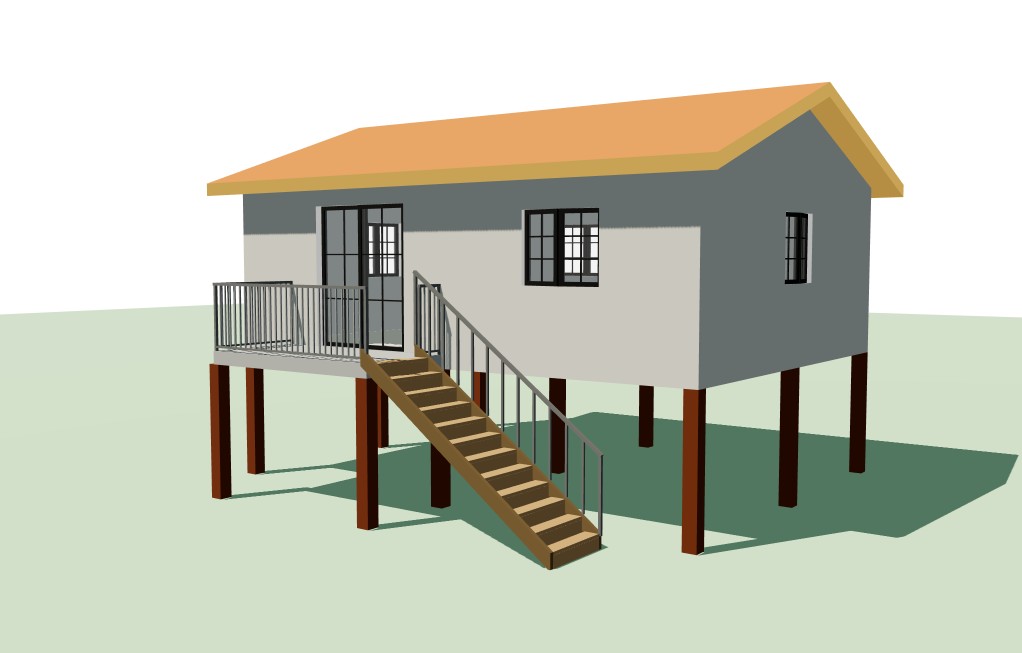Maison sur pilotis en 3D : pilotis de 2,00 m, escalier et balcon
