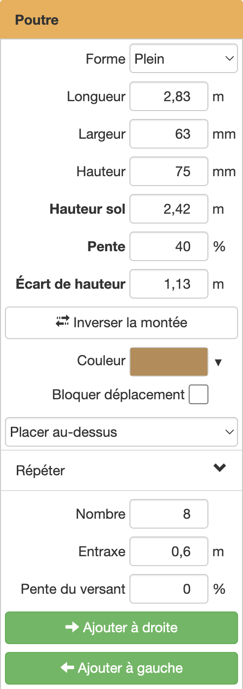 Panneau d'une poutre en vue 3D : Hauteur sol, Pente, Écart de hauteur, Inverser la montée et le groupe Répéter
