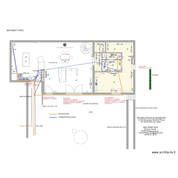 BAT 3 RDC. Plan de 3 pièces et 39 m2