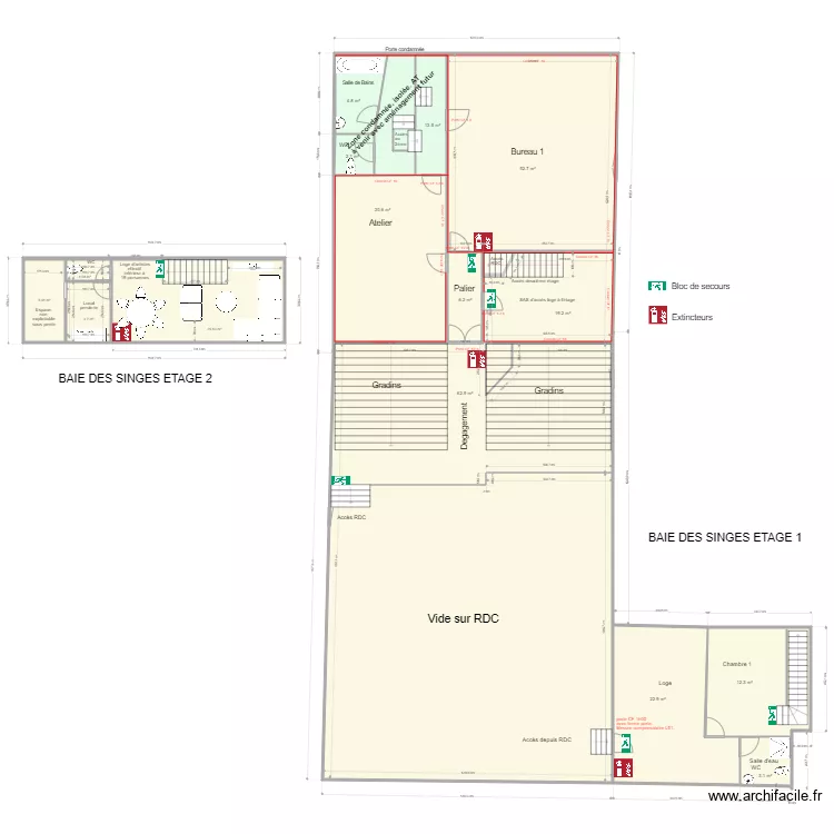 Baie des singes &eacute;tage et acc&egrave;s loge. Plan de 