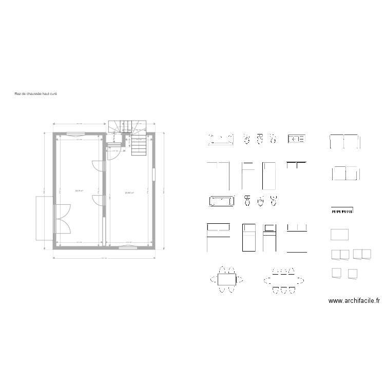 AJ RDCH curé et oriel. Plan de 2 pièces et 49 m2