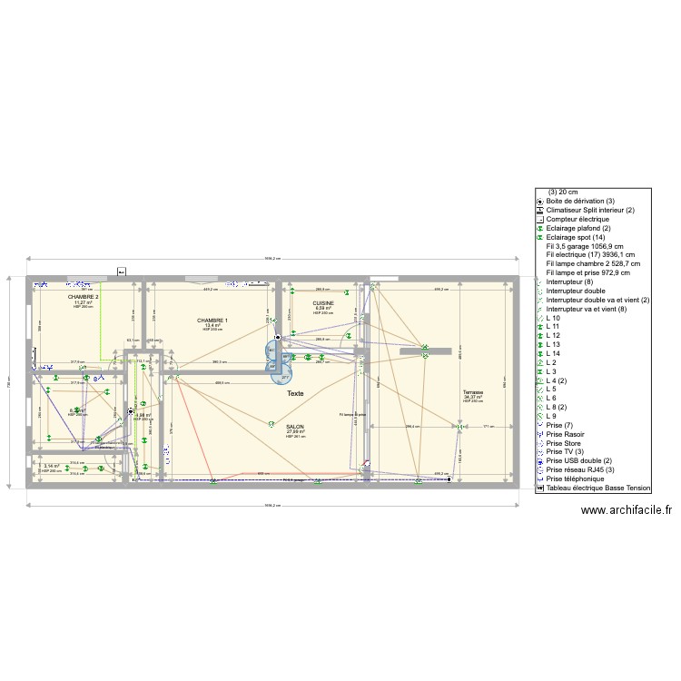 WDNC4 lampe et emplacement des fils. Plan de 8 pièces et 110 m2