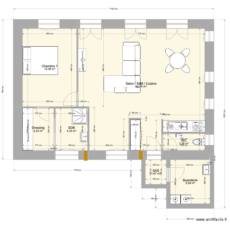 Plan Stéphane Poineuf futur (uniquement RDC). Plan de 7 pièces et 76 m2