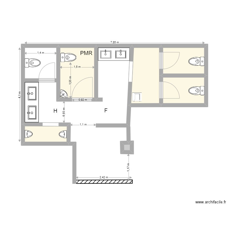 WC Grand bleu plan adap modification. Plan de 6 pièces et 12 m2