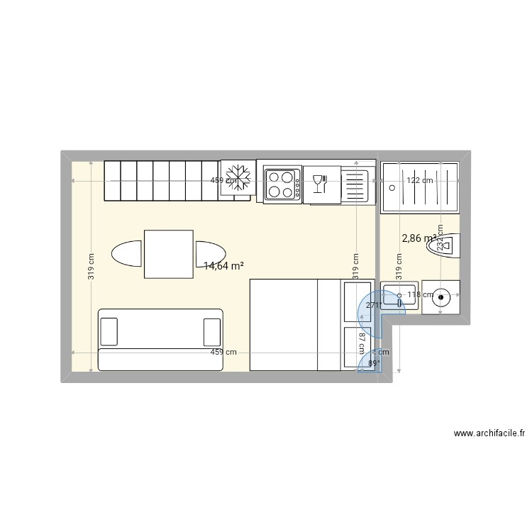 20m2 lit bas possible . Plan de 2 pièces et 18 m2