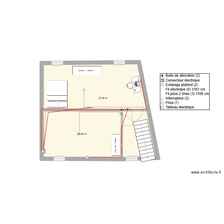 2eme étage avec electricite. Plan de 2 pièces et 44 m2