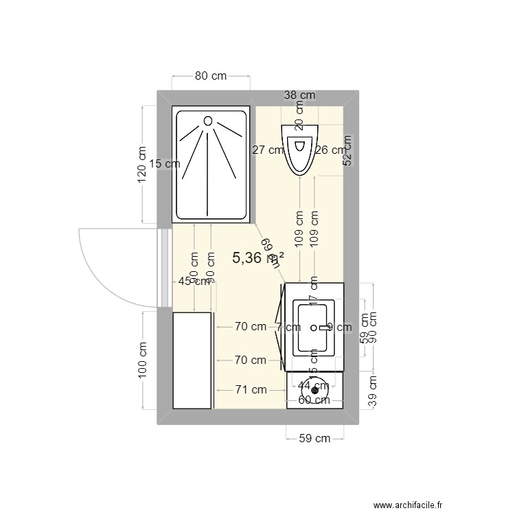 Salle de bain PM. Plan de 1 pièce et 5 m2