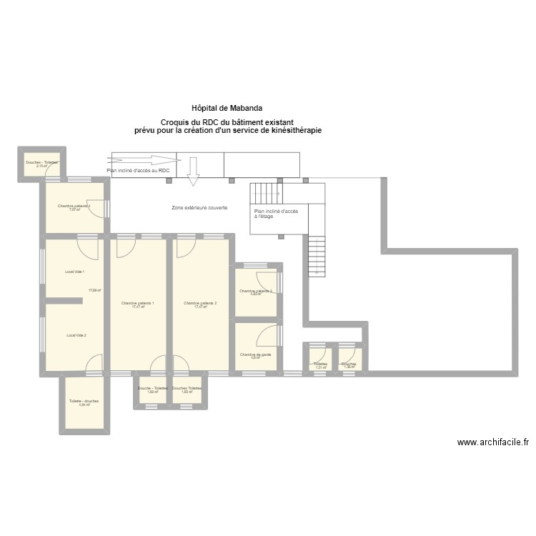 Hôpital de Mabanda - Bâtiment existant . Plan de 12 pièces et 83 m2