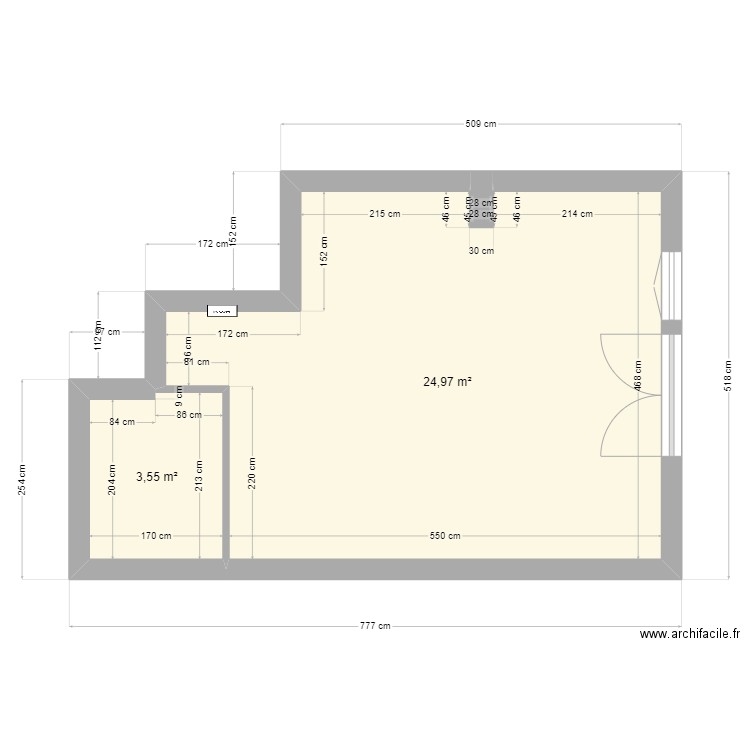 JEGU SDB cotes. Plan de 3 pièces et 29 m2