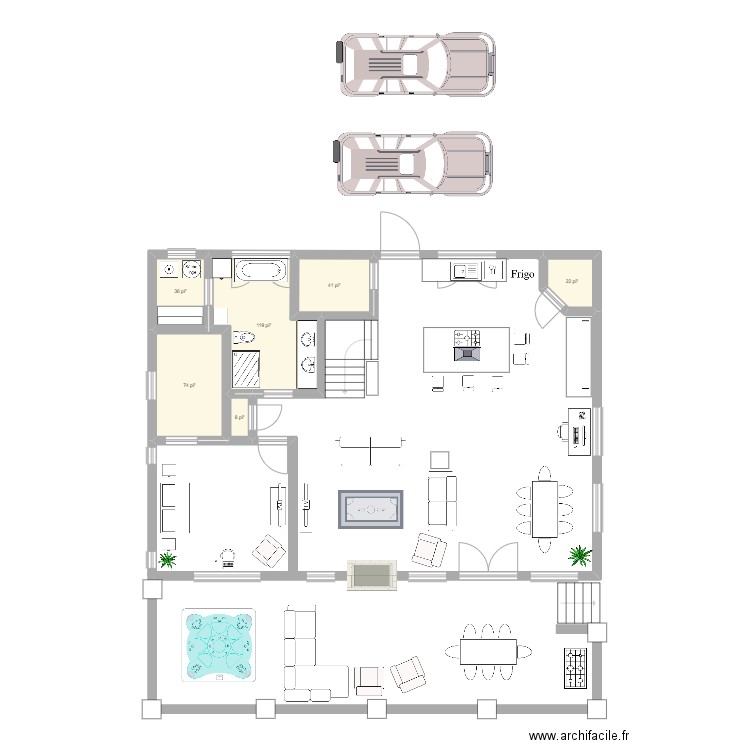 Chalet cuisine inversée 32 X 46. Plan de 6 pièces et 28 m2