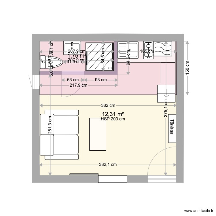 studio 14m2. Plan de 2 pièces et 14 m2