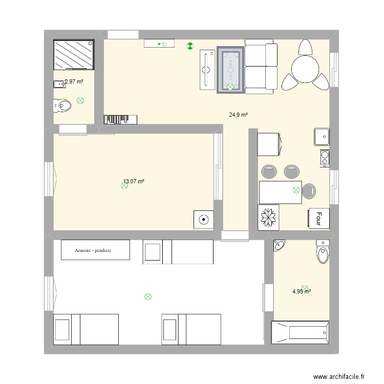 logement sportif. Plan de 4 pièces et 46 m2