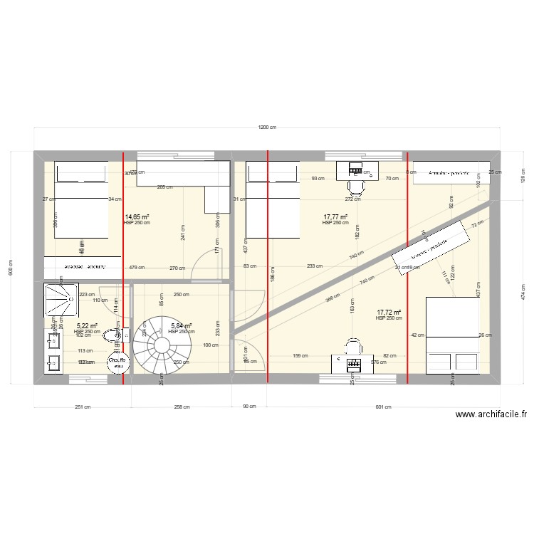 Etage 2e version. Plan de 5 pièces et 61 m2