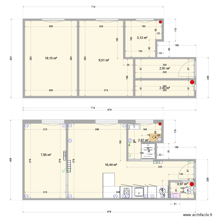 P23. Plan de 9 pièces et 56 m2