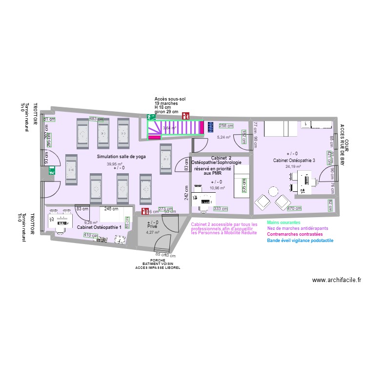 SIMULATION SALLE YOGA RDC CABINET PARAMEDICAL. Plan de 9 pièces et 98 m2