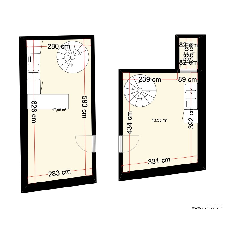 T2 RDC . Plan de 3 pièces et 32 m2