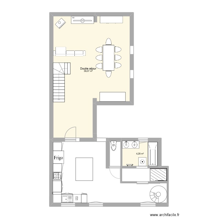 Maison bas. Plan de 2 pièces et 43 m2