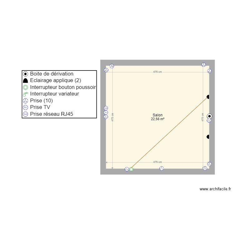 Salon. Plan de 1 pièce et 23 m2