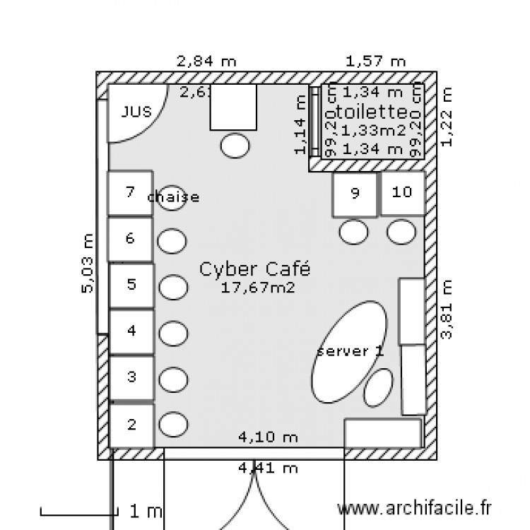 cyber café Projet Plan 2 pièces 19 m2 dessiné par Nyhad