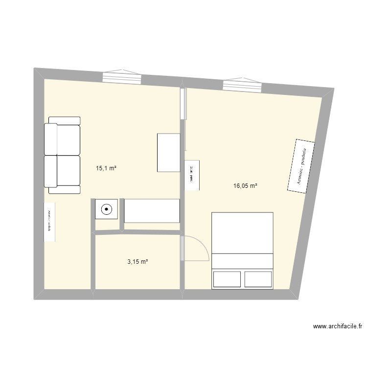 actuel. Plan de 3 pièces et 34 m2