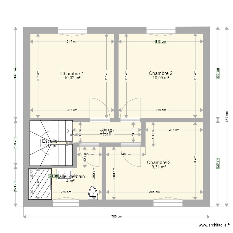 1 etage apres travaux simples. Plan de 6 pièces et 38 m2