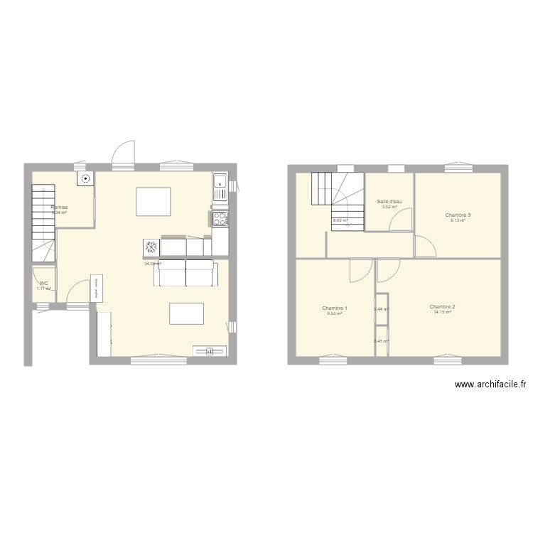 Maison à rénover version après. Plan de 10 pièces et 87 m2