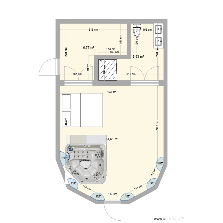 chambre spa. Plan de 3 pièces et 37 m2