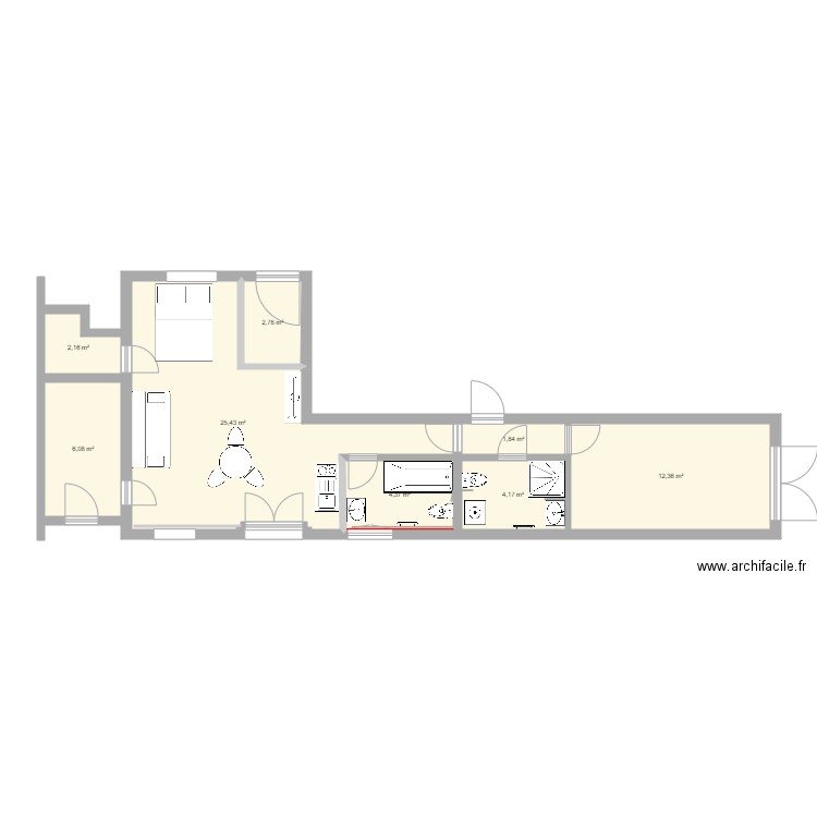 Studio à moi. Plan de 8 pièces et 59 m2