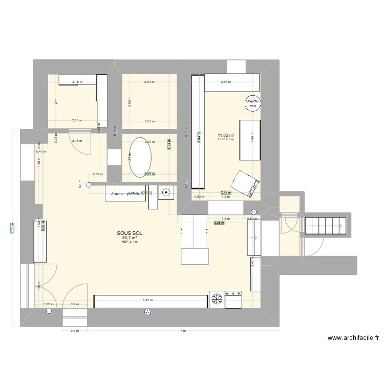 SOUS SOL. Plan de 5 pièces et 65 m2